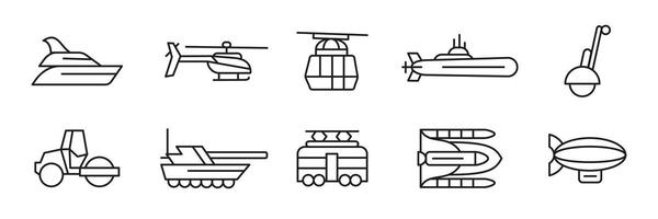 Futuristic and military transport line icon set. outline illustrations of helicopters, tanks, submarines, airships and hovercrafts. Concept icons for defense and advanced transportation design. vector
