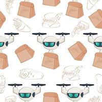 seamless pattern with icon of drone courier flying with paper pizza package and food icons, concept of using modern technologies vector