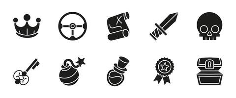 Treasure hunt glyph icon set. Black illustrations of pirate map, crown, sword and chest. Adventure and fantasy themed symbols for games, quests, RPG interfaces and reward-based missions. vector