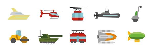 Futuristic and military transport colored icon set. cartoon illustrations of helicopters, tanks, submarines, airships and hovercrafts. Concept icons for defense and advanced design. vector