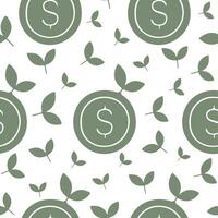 seamless pattern with business icon of working coin with branches of green leaves, connection of business and ecology vector