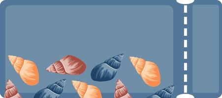 coupon with a marine theme, namely with colorful sea shells of various shapes on a blue background vector