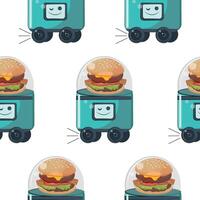 pattern with an icon of an autonomous food delivery robot on wheels with a cheeseburger in a transparent dome, the concept of applying modern technologies vector