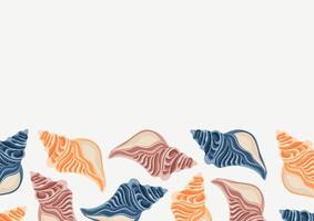 poster with a marine theme, namely with colorful, swirling sea shells of various shapes on a white background vector