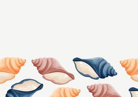 poster with a marine theme, namely with colorful seashells of various shapes on a white background vector