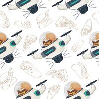 seamless pattern with icon flying robot courier with cheeseburger and fried egg in dome and food, concept of using modern technologies vector