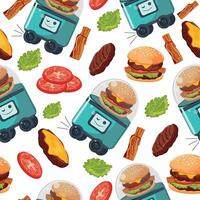 seamless pattern with an icon of an autonomous food delivery robot on wheels with a cheeseburger in a transparent dome with food, the concept of applying modern technologies vector