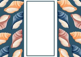 poster or postcard template with a marine theme, namely with colorful seashells and a white rectangle in the middle vector