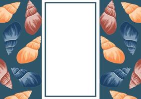 poster or postcard template with a marine theme, namely with colorful sea shells and a white rectangle in the middle vector