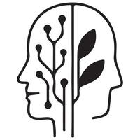 face icon with an internal image of a tree with a diagram and leaves, symbolizing the combination of artificial intelligence, humans and ecology vector