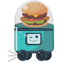 icon of an autonomous food delivery robot on wheels with a cheeseburger in a transparent dome, concept of applying modern technologies vector