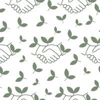 seamless pattern with business handshake icon with green leaf branches, meaning ecological partnership, merging business and ecology vector