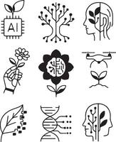 set of various icons combining modern technology and nature, namely ecology, showing modern biotechnology vector