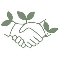 simple business icon of a handshake with branches of green leaves, meaning ecological partnership, merging business and ecology vector