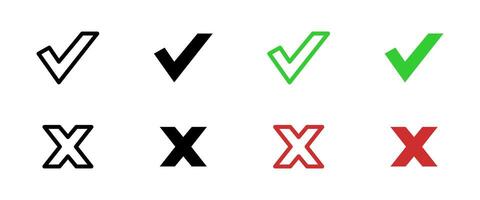 Check and cross mark icon. Green check symbol and red cross sign illustration. Approval and rejection status symbol. Validation and decision-making sign. User interface pictogram. vector