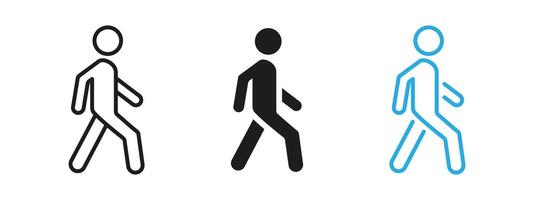 Pedestrian icon. Walking human figure illustration. Symbol of urban mobility and public movement. Used for traffic signs, crossings and navigation interfaces. vector