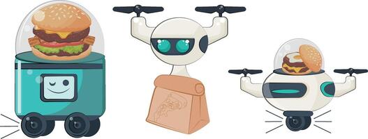 set of cute food delivery robots, namely flying drones and autonomous couriers on wheels with burgers, pizza and takeaway food, concept of using modern technologies vector