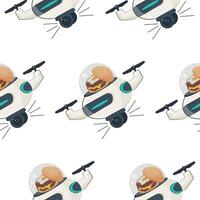 pattern with icon of flying robot courier with cheeseburger and fried egg in a dome, concept of applying modern technologies vector