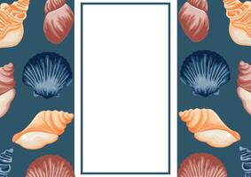 poster or postcard template with a marine theme, namely with colorful sea shells, shells and mollusks of various shapes and a white rectangle in the middle vector