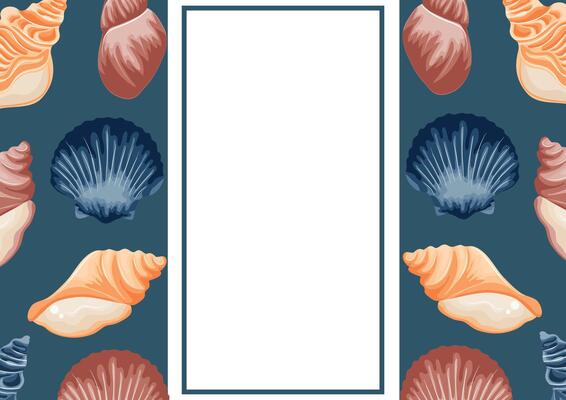 poster or postcard template with a marine theme, namely with colorful sea shells, shells and mollusks of various shapes and a white rectangle in the middle