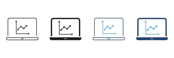 Laptop With Graph Line And Solid Icon Set. Data Analysis, Business Analytics, And Performance Tracking Symbol Collection. Financial And Statistical Insights. Isolated Illustration vector
