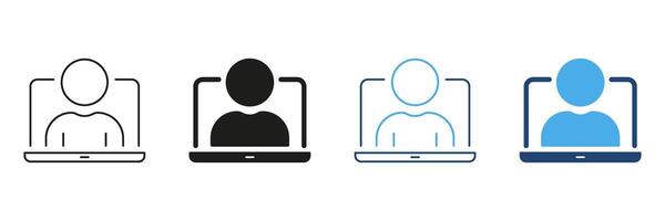 Person On Laptop Screen Line And Solid Icon Set. Virtual Meeting, Online Communication, Remote Work Silhouette Symbol Collection. Digital Interaction And Connectivity. Isolated Illustration vector