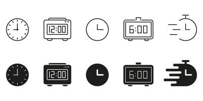 Clock And Timer Line And Solid Icon Set. Time Management, Alarm, And Speed Tracking Symbol Collection. Includes Analog Clocks, Digital Clocks, And Stopwatch Designs. Isolated Illustration vector