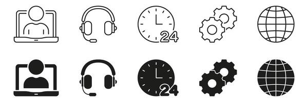 Online Communication And Support Line And Solid Icon Set. Remote Work, Customer Service, 24 7 Availability, And Global Connectivity Symbol Collection. Isolated Illustration vector