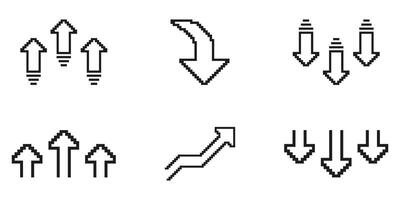 Pixel Art Arrow Icon Set. Directional Navigation And Trend Indicators In Pixelated Style. Upward, Downward, And Curved Arrows For Movement And Progress Representation. Isolated Illustration vector