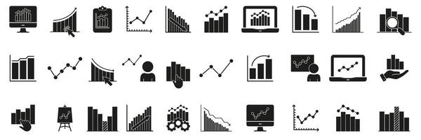 Business Analytics And Data Visualization Solid Icon Set. Financial Growth, Market Trends, And Performance Metrics Silhouette Symbol Collection. Statistical Analysis. Isolated Illustration vector