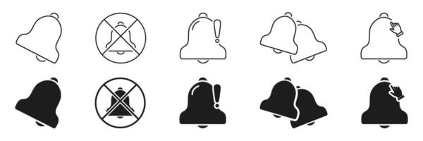 Notification Bell Icon Set. Alert, Mute, And Interaction Symbols Collection. Includes Exclamation, No Sound, And Click Elements. Isolated Illustration vector