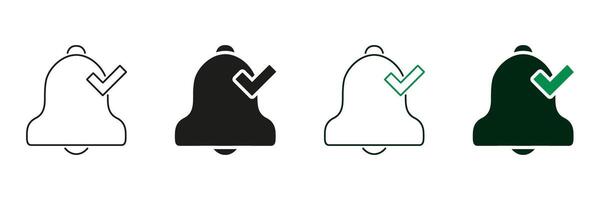 Notification Bell With Checkmark Line And Solid Icon Set. Alert Confirmation And Task Completion Symbol Collection. Reminder And Notification Management. Isolated Illustration vector