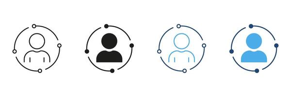 User Profile With Orbiting Connections Line And Solid Icon Set. Social Networking, Community Engagement, And Online Interaction Symbol Collection. Isolated Illustration vector