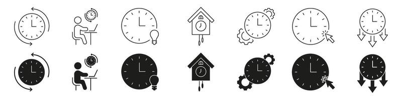 Clock And Time Management Line And Solid Icon Set. Productivity, Efficiency, And Scheduling Symbol Collection. Includes Clocks, Arrows, Gears, And Light Bulbs. Isolated Illustration vector