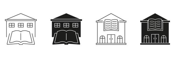 Library Building With Open Book Line And Solid Icon Set. Knowledge, Education, And Learning Institution Silhouette Symbol Collection. Academic Resource Center. Isolated Illustration vector