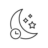Moon With Clock And Stars Line Icon. Nighttime, Sleep Schedule, And Circadian Rhythm Outline Symbol. Time Management And Rest. Editable Stroke. Isolated Illustration vector