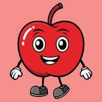 An animated cheerful red apple character stands happily on a solid pink background vector