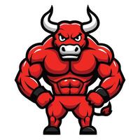 Ferocious red bull mascot displays muscular physique and imposing horns with stern expression vector