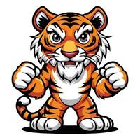 Ferocious tiger cartoon character stands defiantly with its fists clenched, displaying a strong presence vector