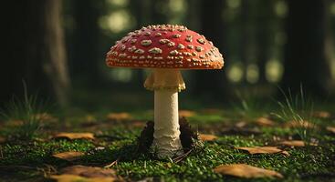 A red mushroom is standing in the middle of a forest photo