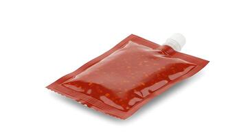 A red packet of ketchup on a white surface photo