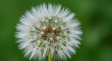 A dandelion is shown with a green background photo