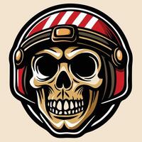 Skull wearing an old red crash helmet with a white background showcases spooky style vector