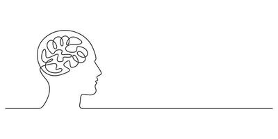 Continuous one line drawing men head and brain inside graphic illustration vector
