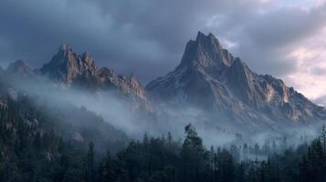 Majestic mountains with misty forest under cloudy sky at dawn, serene landscape photo