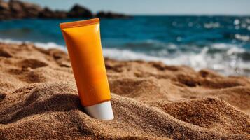 Sunscreen cream tube in the sand on a sunny beach with waves and rocks, summer vacation photo