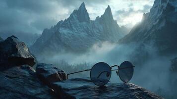 Sunglasses on a misty mountain rock with dramatic peaks in the background photo