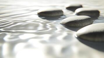 Smooth zen stones on rippling water surface, 3d rendering of tranquility concept photo