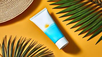 Sunscreen cream tube on yellow surface with palm leaves and straw hat, summer concept photo