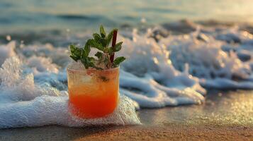 Tropical cocktail on sandy beach with ocean waves at sunset, refreshing escape photo